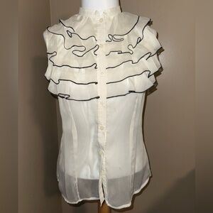The Limited Off-White Ruffled Blouse with Black Trim